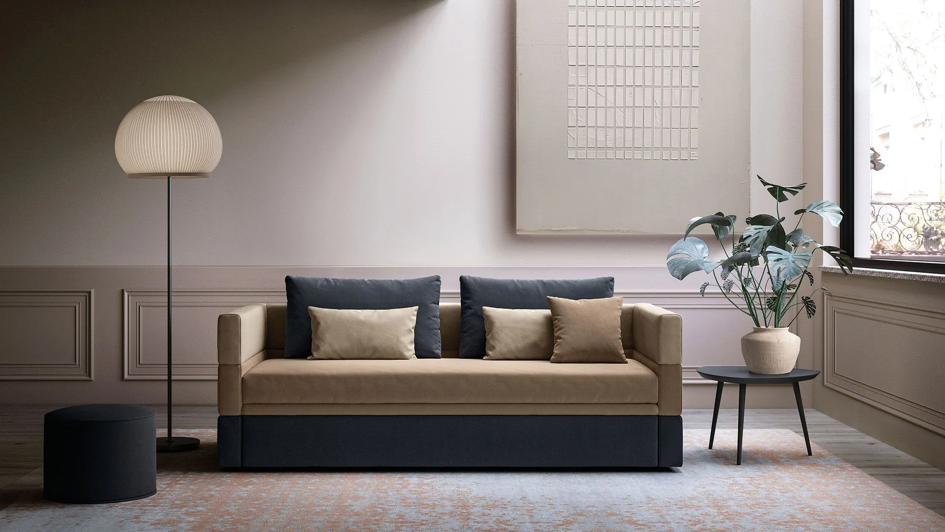 Tarek sofa with multicoloured bed ready
